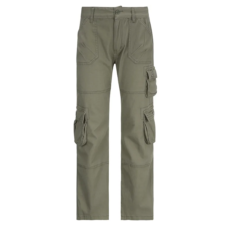 American Street Retro Low Waist Solid Color Multi pocket Jeans Green - Shop at LoveMi