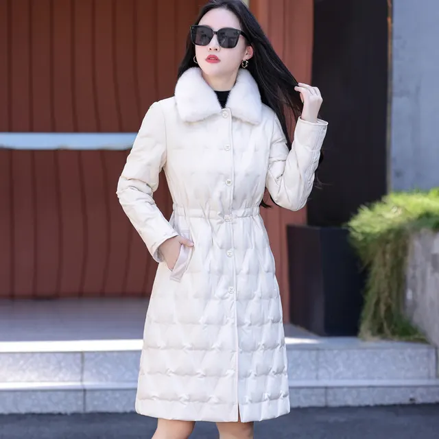 Wool Collar Fitted White Duck Down Warm Leather Coat Beige White Fur Collar - Shop at LoveMi