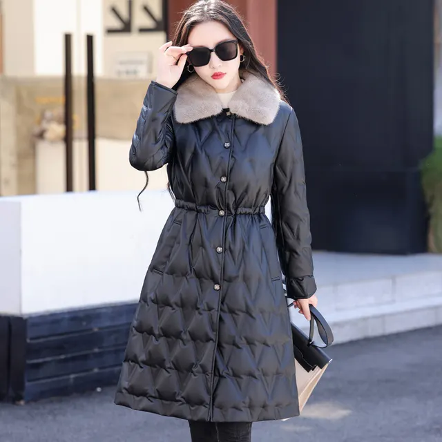 Wool Collar Fitted White Duck Down Warm Leather Coat Black - Shop at LoveMi