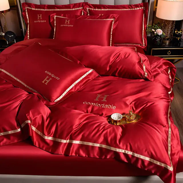 Home Fashion Simple Ice Silk Bed Sheet Covers Four piece Set Red - Shop at LoveMi