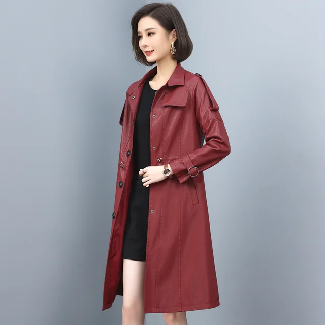 New Women Leather Trench Spring Turn down Collar Solid Color Drawstring Loose Long Sheepskin Coat Wine Red Cotton - Shop at LoveMi