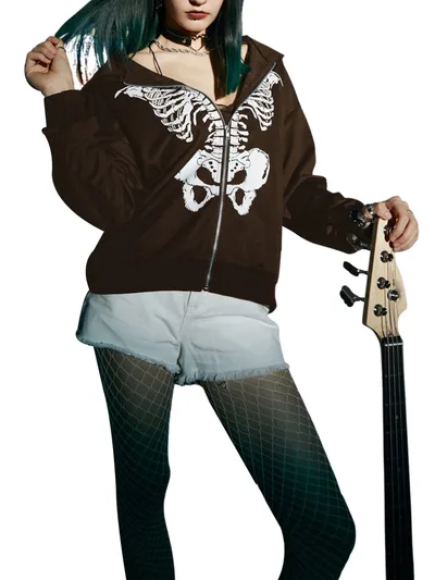 Fashion Chest Print Pullover Double Hooded Top Women Brown - Shop at LoveMi