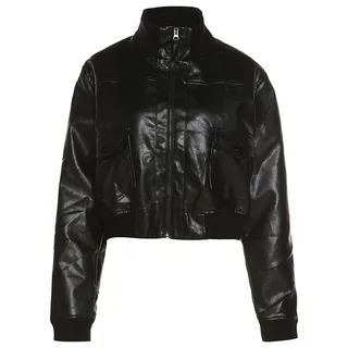 Loose Street Style Stand Up Collar Long Sleeved Jacket - Black