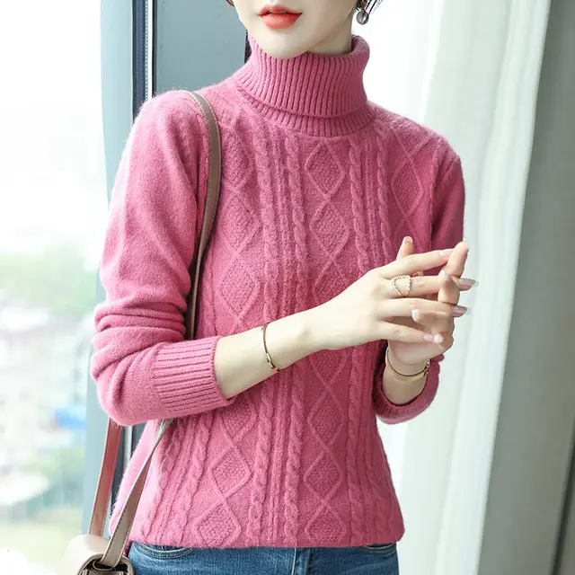Turtleneck Cashmere Sweater Women's Wear Autumn And Winter Thick Warm Casual Top Pink - Shop at LoveMi