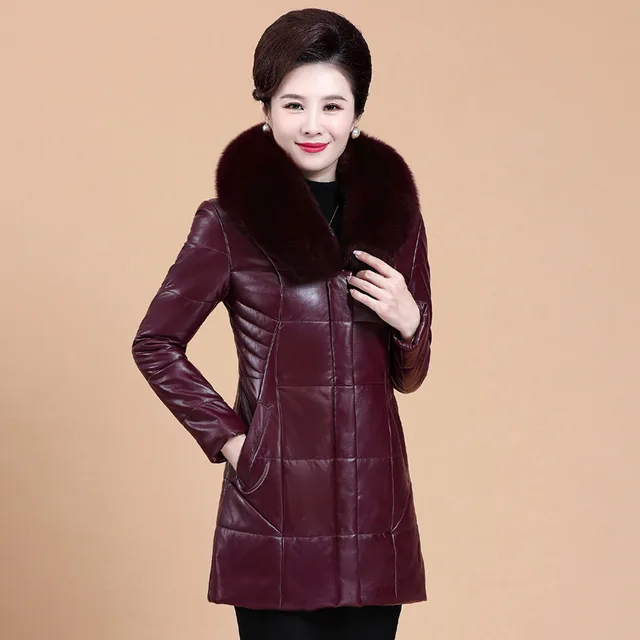 Women's Medium Long Fur Collar Thickened Large Leather Down Jacket Purple - Shop at LoveMi