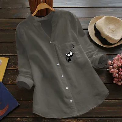 European And American Pocket Stand Collar Long Sleeve Cotton And Linen Casual Loose Print Cardigan Shirt Gray - Shop at LoveMi