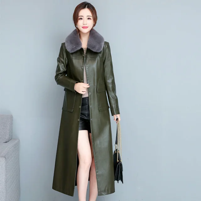 Ladies Fashion Thin Leather Trench Coat Coat Green Fur Collar - Shop at LoveMi