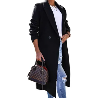 Women's Simple Long Sleeve Lapel Button Slit Woolen Coat - Black