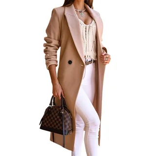 Women's Simple Long Sleeve Lapel Button Slit Woolen Coat - Khaki