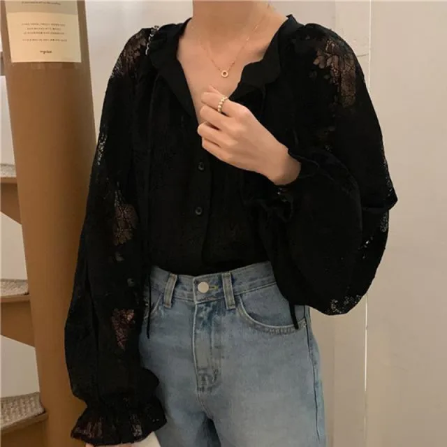 Women's Thin Oversize Long Sleeve Hollow Lace Bottoming Shirt Black - Shop at LoveMi