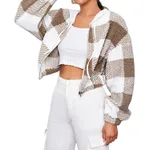 Women's Fashion Check Hooded Long Sleeve Short - Coffee
