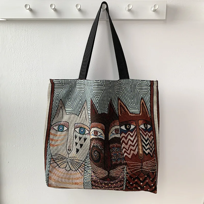 European Style Printed Canvas Large Capacity Handbag Three Cats - Shop at LoveMi