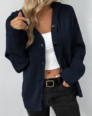 Ins Single-breasted Hooded Sweater Women's Solid Color Cardigan Coat Clothing - Navy Blue