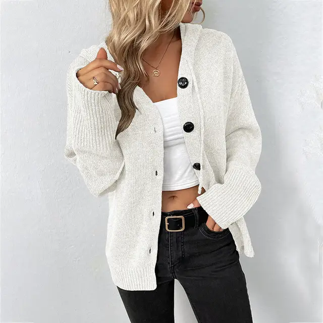Ins Single breasted Hooded Sweater Women's Solid Color Cardigan Coat Clothing White - Shop at LoveMi