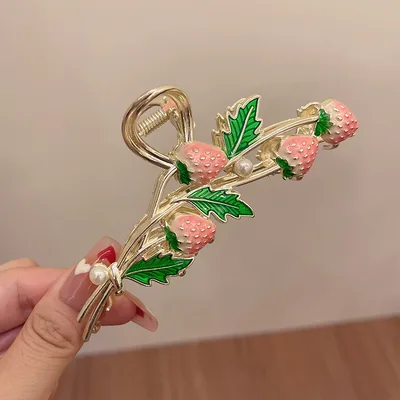 Female Simple And Cute Strawberry Hairpin Metal Clip Pink - Shop at LoveMi
