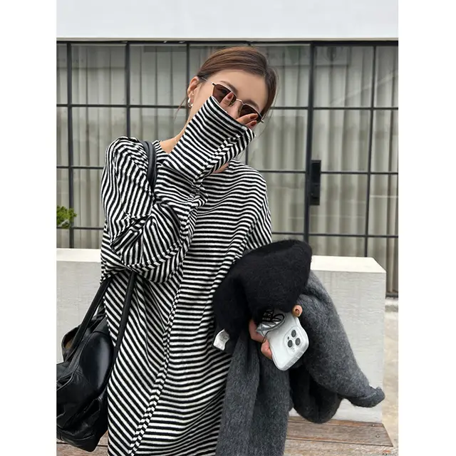 Women's Fashion Casual Long sleeved Loose Bottoming Shirt Black And White Stripes - Shop at LoveMi