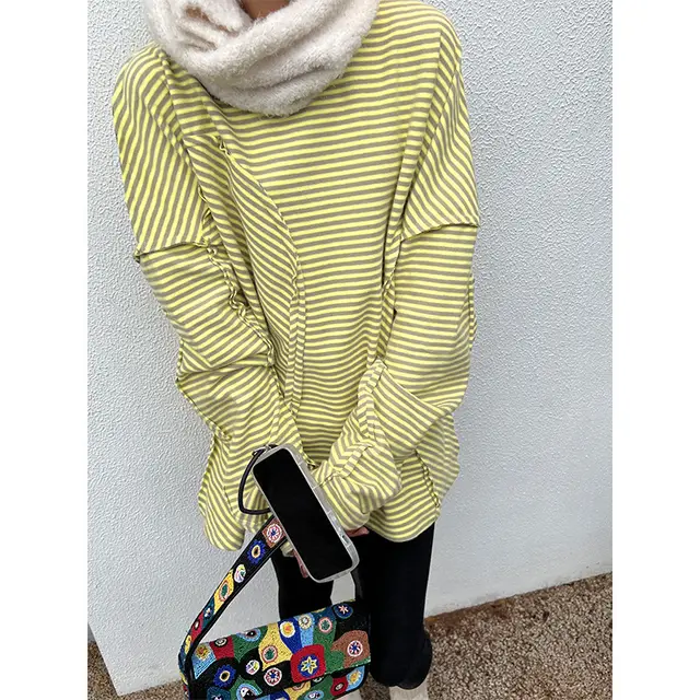 Women's Fashion Casual Long sleeved Loose Bottoming Shirt Yellow Gray Striped - Shop at LoveMi