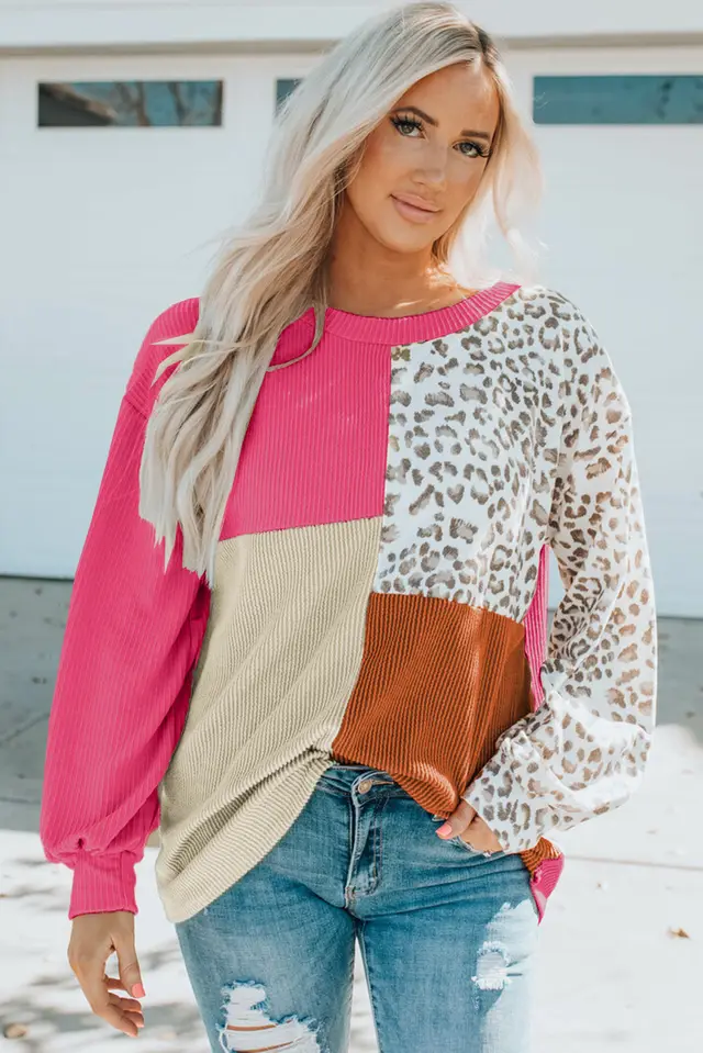 Contrast Color Leopard Print Knitted Long sleeved Top Rose Red - Shop at LoveMi