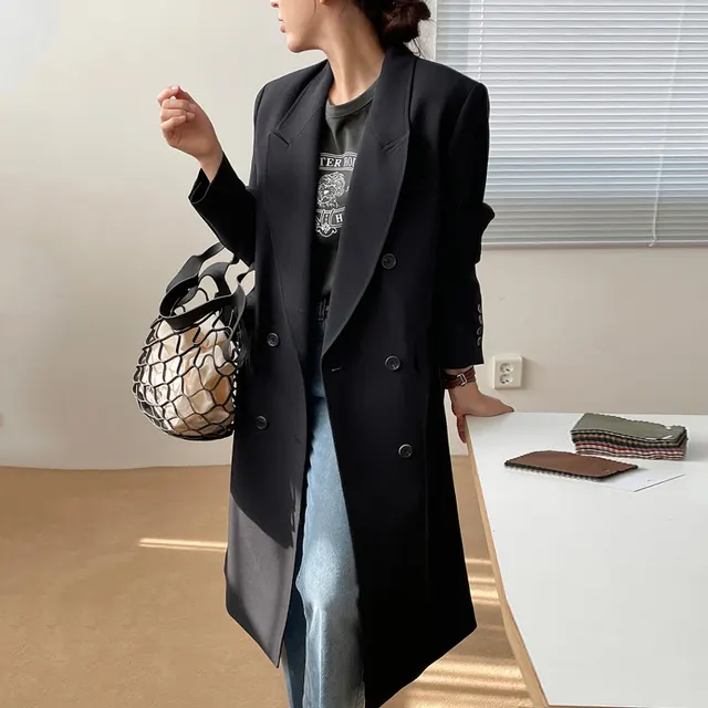 French style Suit Collar Double breasted Coat Black - Shop at LoveMi