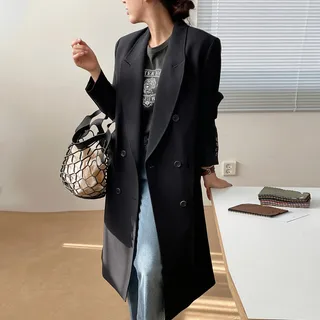 French-style Suit Collar Double-breasted Coat - Black