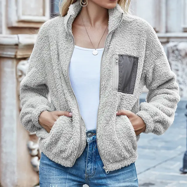 Color Matching Zipper Cardigan Plush Sweater Light Grey - Shop at LoveMi