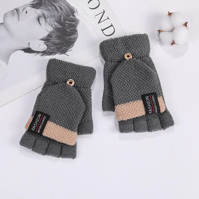 Cute Blue Korean Embroidered Half Finger Gloves Dark Grey - Shop at LoveMi