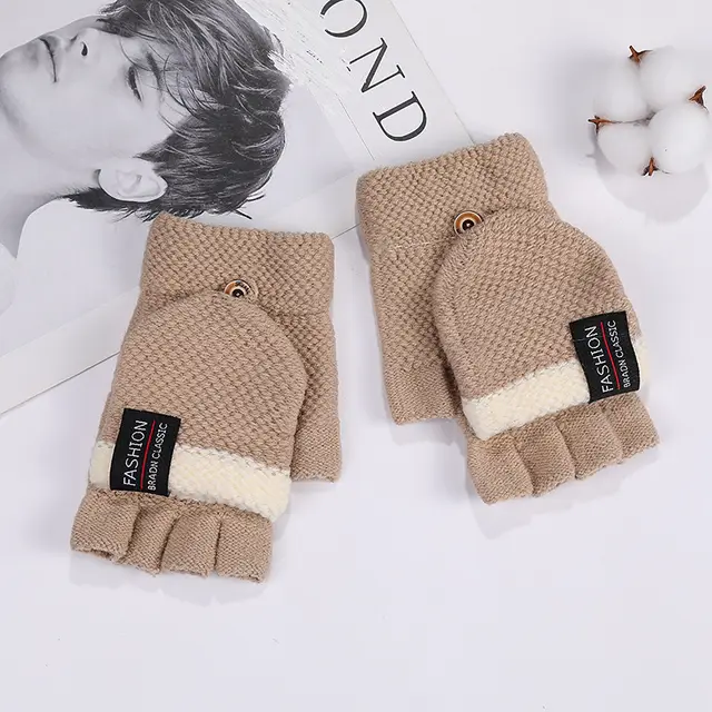 Cute Blue Korean Embroidered Half Finger Gloves Khaki - Shop at LoveMi