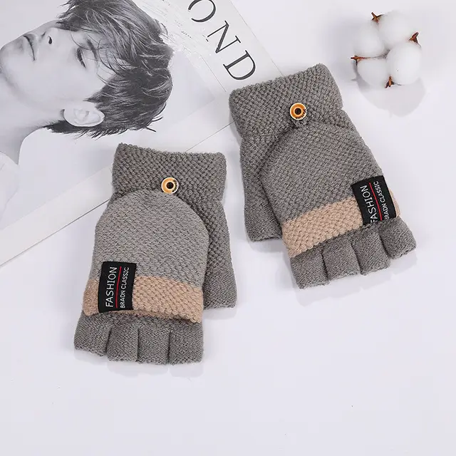 Cute Blue Korean Embroidered Half Finger Gloves Light Grey - Shop at LoveMi