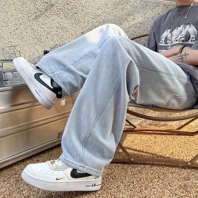 Loose High Street Straight Jeans Blue White - Shop at LoveMi