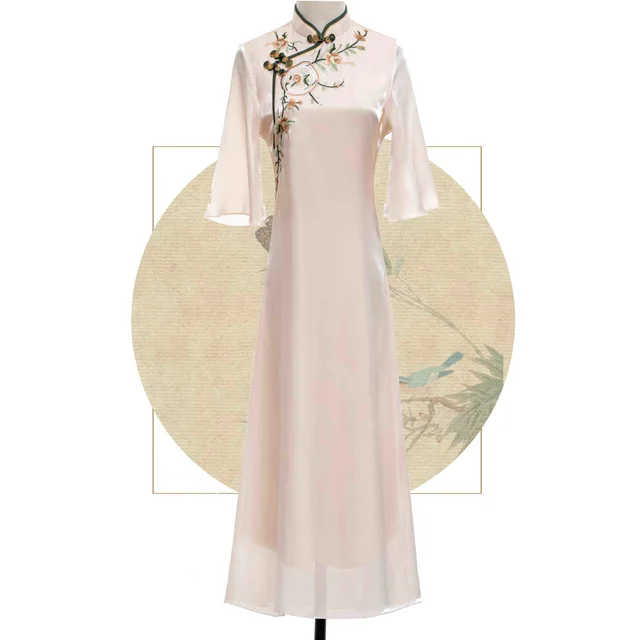 Beige Peach Blossom Embroidery Disco Cheongsam Color On The Picture - Shop at LoveMi