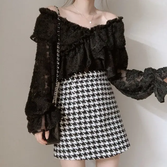 One shoulder V neck Flared Sleeve Jacket Shirt Black - Shop at LoveMi