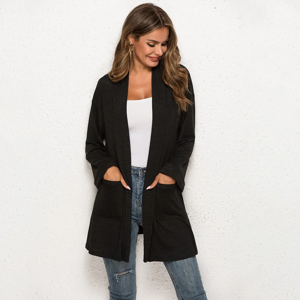 High Collar With Loose Medium Length Knit Cardigan - Black