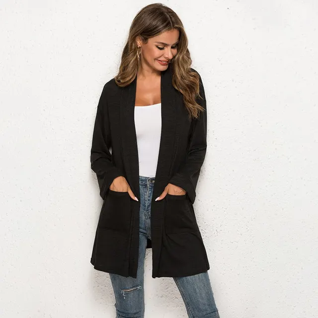 High Collar With Loose Medium Length Knit Cardigan Black - Shop at LoveMi