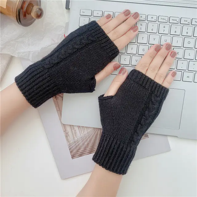 Half Finger Leaky Wool Knitted Gloves Short Black - Shop at LoveMi