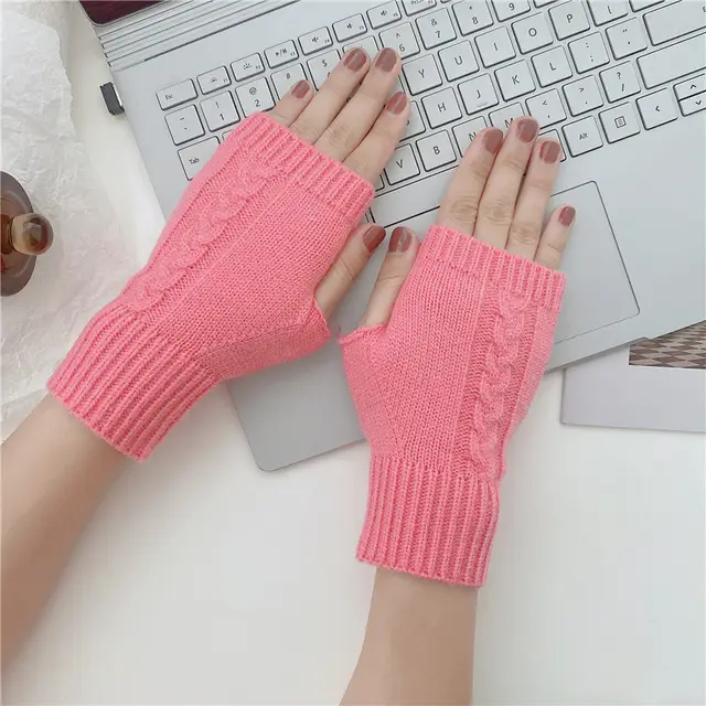 Half Finger Leaky Wool Knitted Gloves Short Pink - Shop at LoveMi