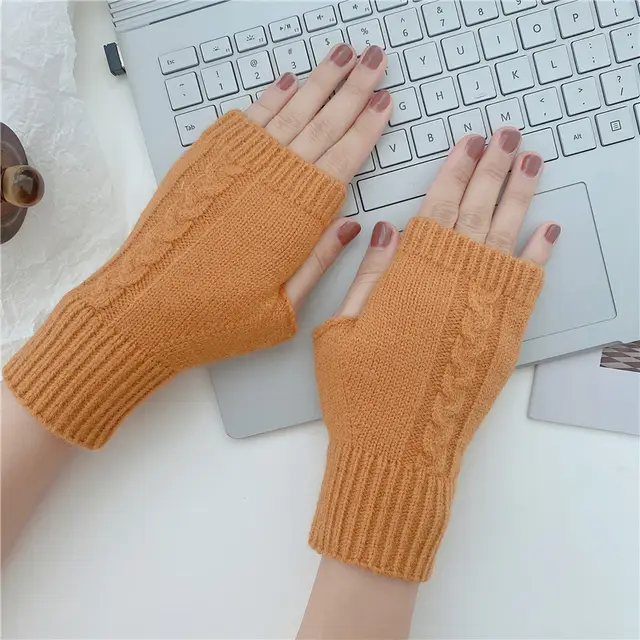 Half Finger Leaky Wool Knitted Gloves Short Yellow - Shop at LoveMi