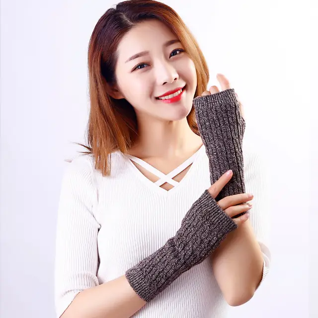Woolen Twisted Half Fingered Pair Gloves Flower Coffee - Shop at LoveMi