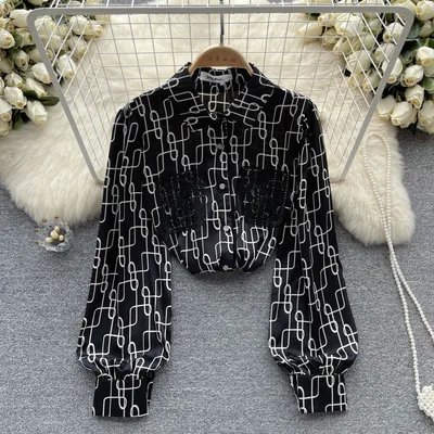 Printed Long Sleeve Chiffon Shirt Women's Early Autumn Black - Shop at LoveMi