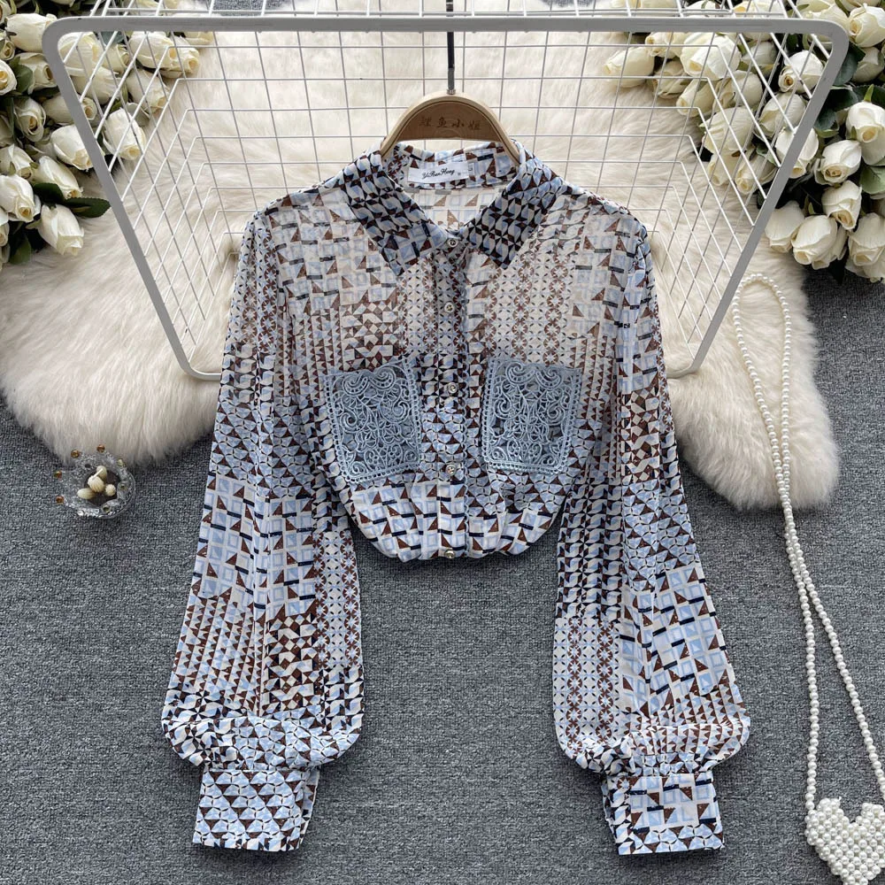 Printed Long Sleeve Chiffon Shirt Women's Early Autumn - Light Blue