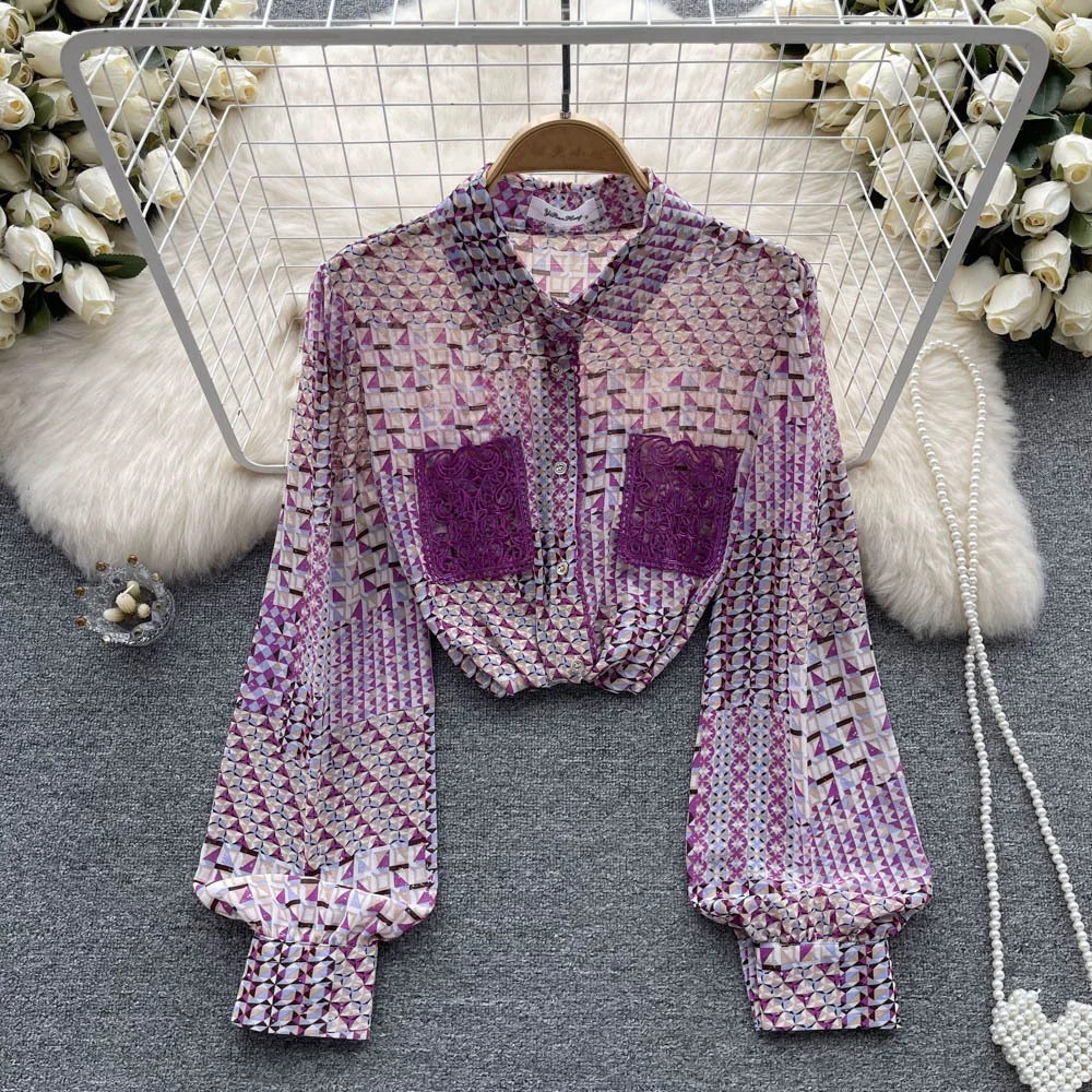 Printed Long Sleeve Chiffon Shirt Women's Early Autumn - Purple