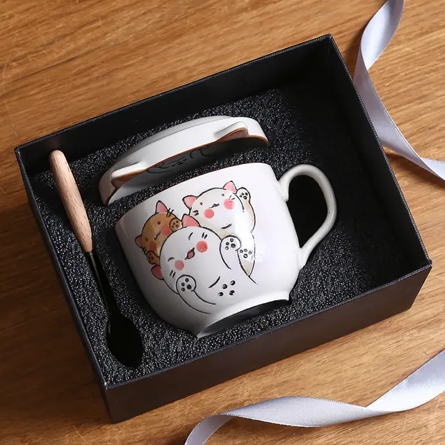 Ceramic Cup With Lid Large Capacity, Spoon Set Gift Box 3Set - Shop at LoveMi
