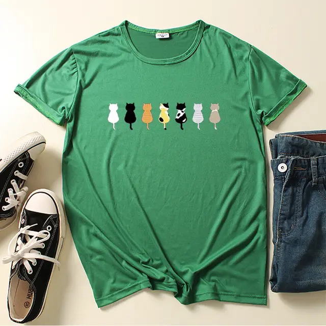 Seven Kitty Cute Animal Print Women's T shirt Short Sleeve Green - Shop at LoveMi
