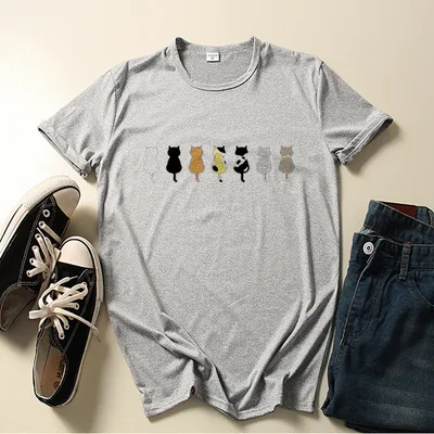 Seven Kitty Cute Animal Print Women's T shirt Short Sleeve Light Gray - Shop at LoveMi