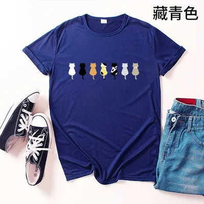 Seven Kitty Cute Animal Print Women's T shirt Short Sleeve Navy - Shop at LoveMi