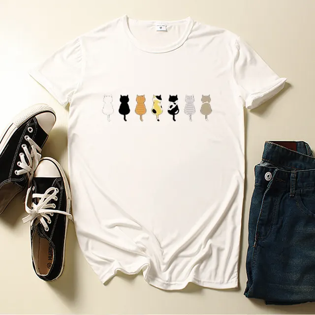 Seven Kitty Cute Animal Print Women's T shirt Short Sleeve White - Shop at LoveMi