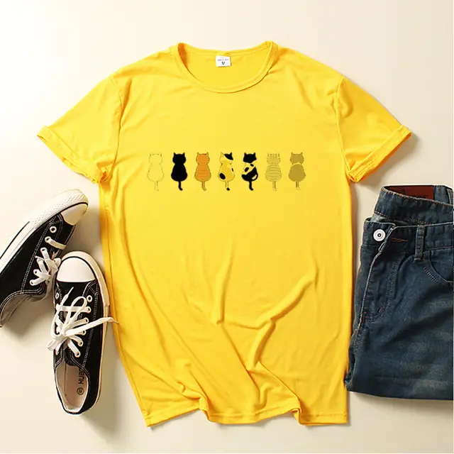 Seven Kitty Cute Animal Print Women's T shirt Short Sleeve Yellow - Shop at LoveMi