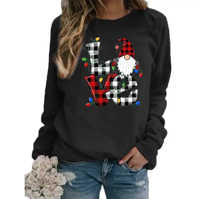 European And American Santa Claus Plaid Love Printed Round Neck Long Sleeve Sweater Coat Ladies Black - Shop at LoveMi