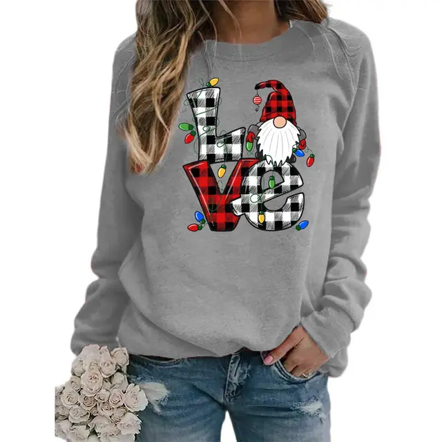 European And American Santa Claus Plaid Love Printed Round Neck Long Sleeve Sweater Coat Ladies Gray - Shop at LoveMi