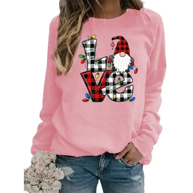 European And American Santa Claus Plaid Love Printed Round Neck Long Sleeve Sweater Coat Ladies Pink - Shop at LoveMi