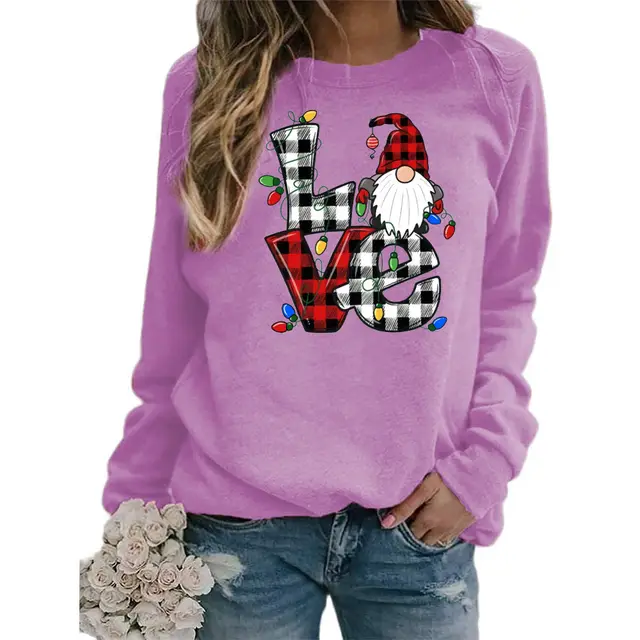 European And American Santa Claus Plaid Love Printed Round Neck Long Sleeve Sweater Coat Ladies Purple - Shop at LoveMi